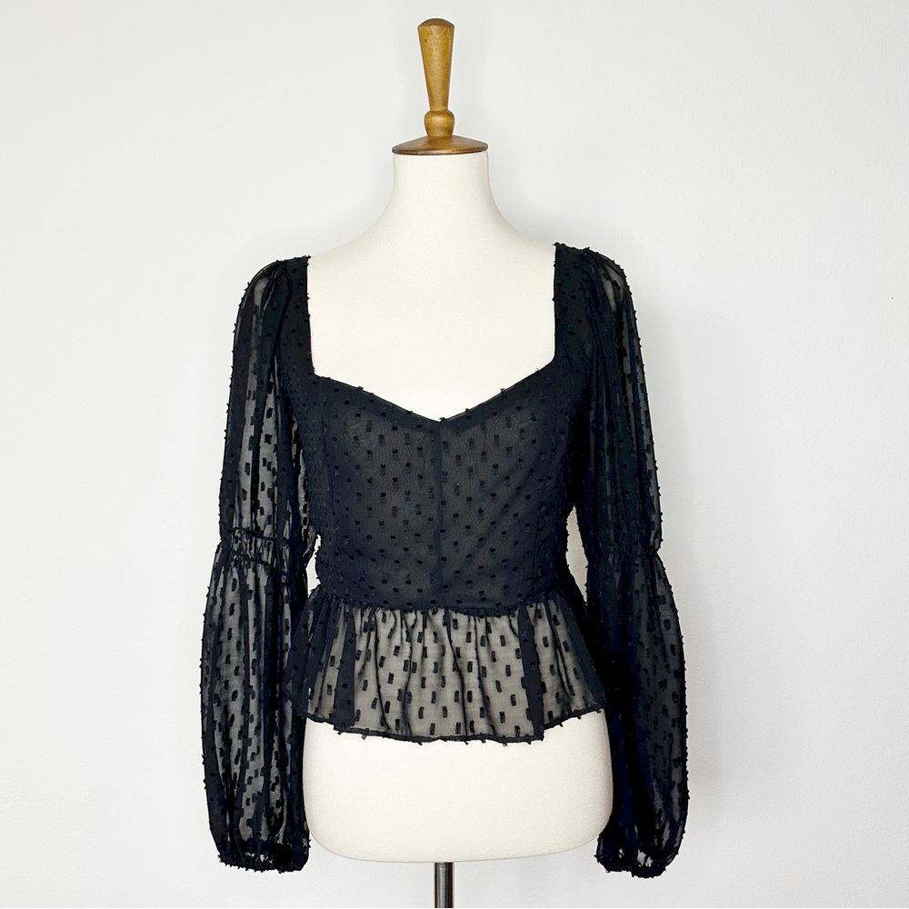 Forever 21 Black Sheer Eyelet Cropped Long Sleeve Blouse
